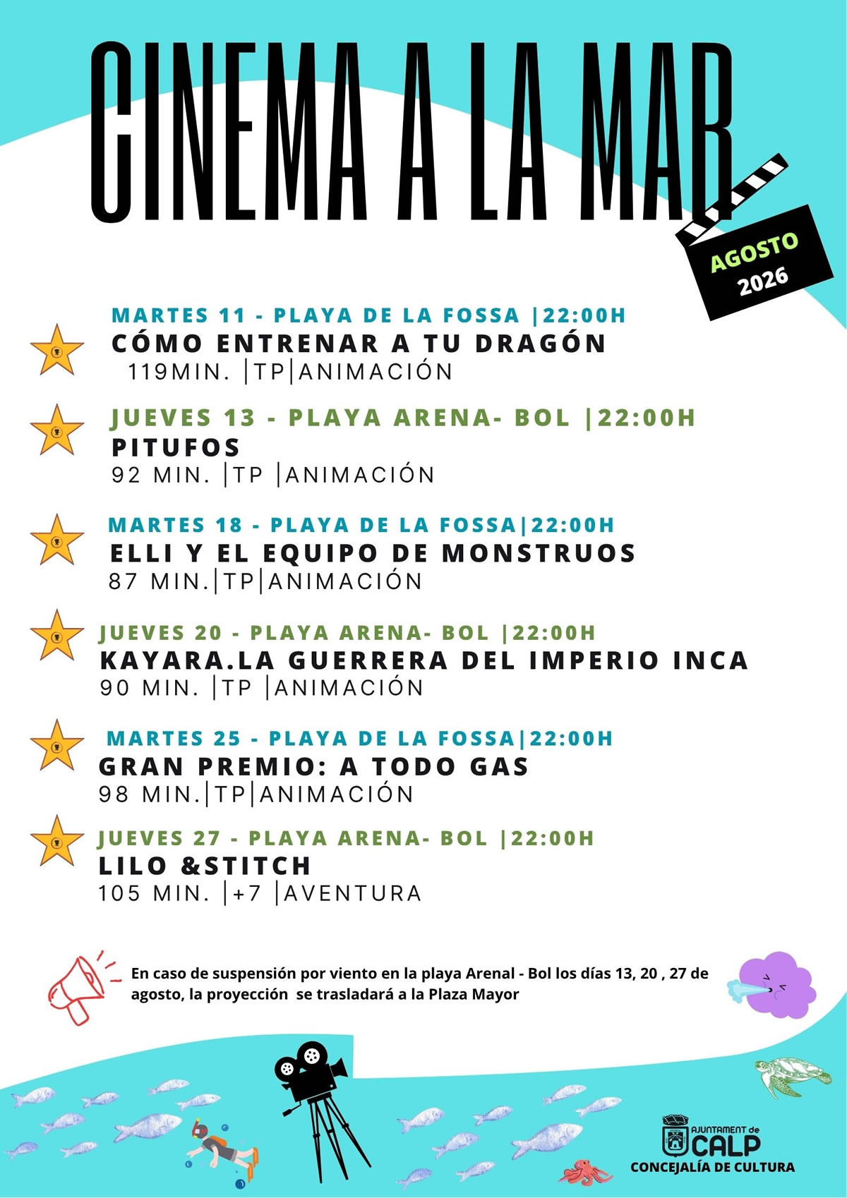 Cine de verano al aire libre en Playa del Arenal-Bol Agosto 2026