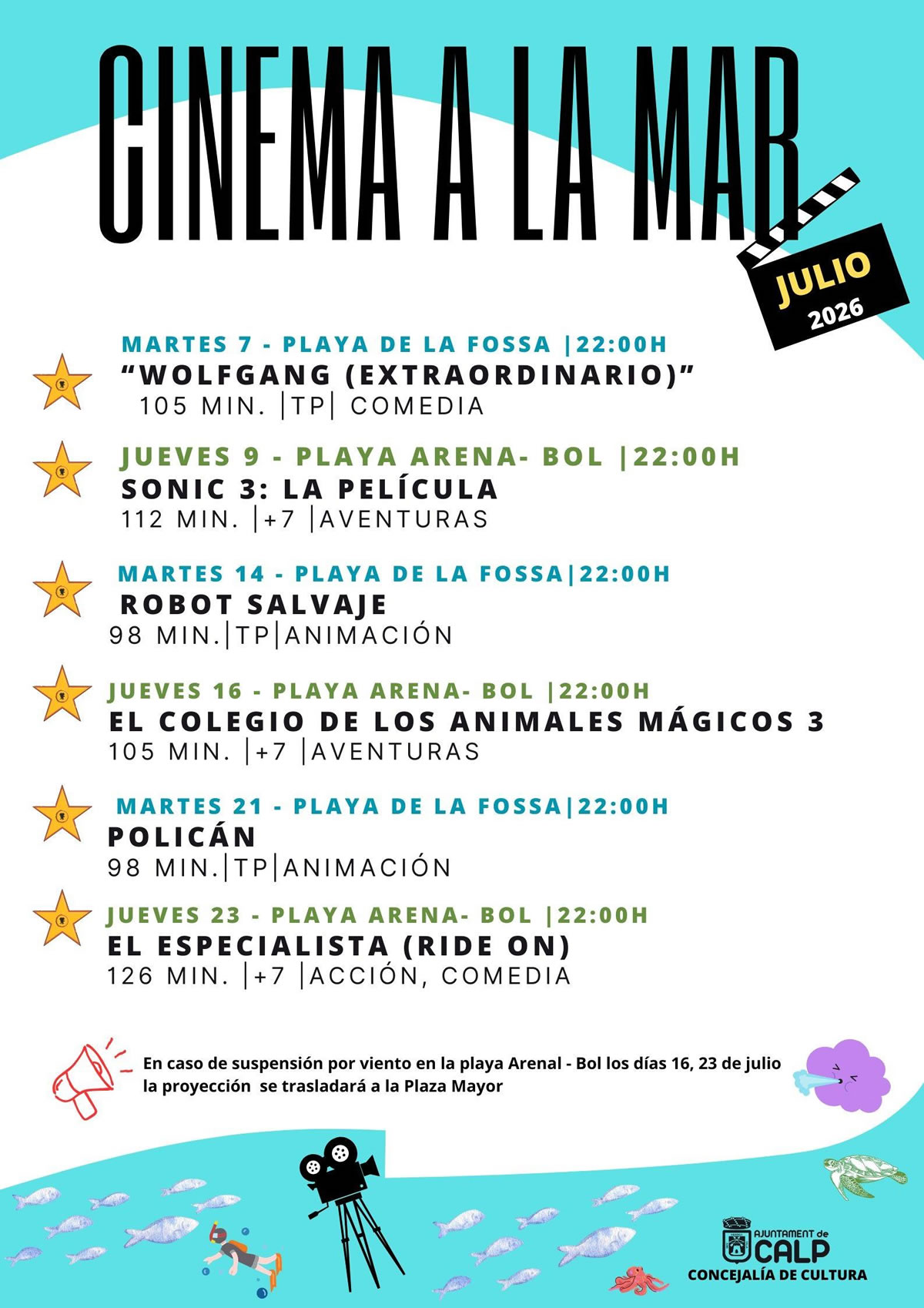 Cine de verano al aire libre en Playa del Arenal-Bol Julio 2026